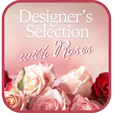 Designer\'s Choice with Roses in Glass Vase